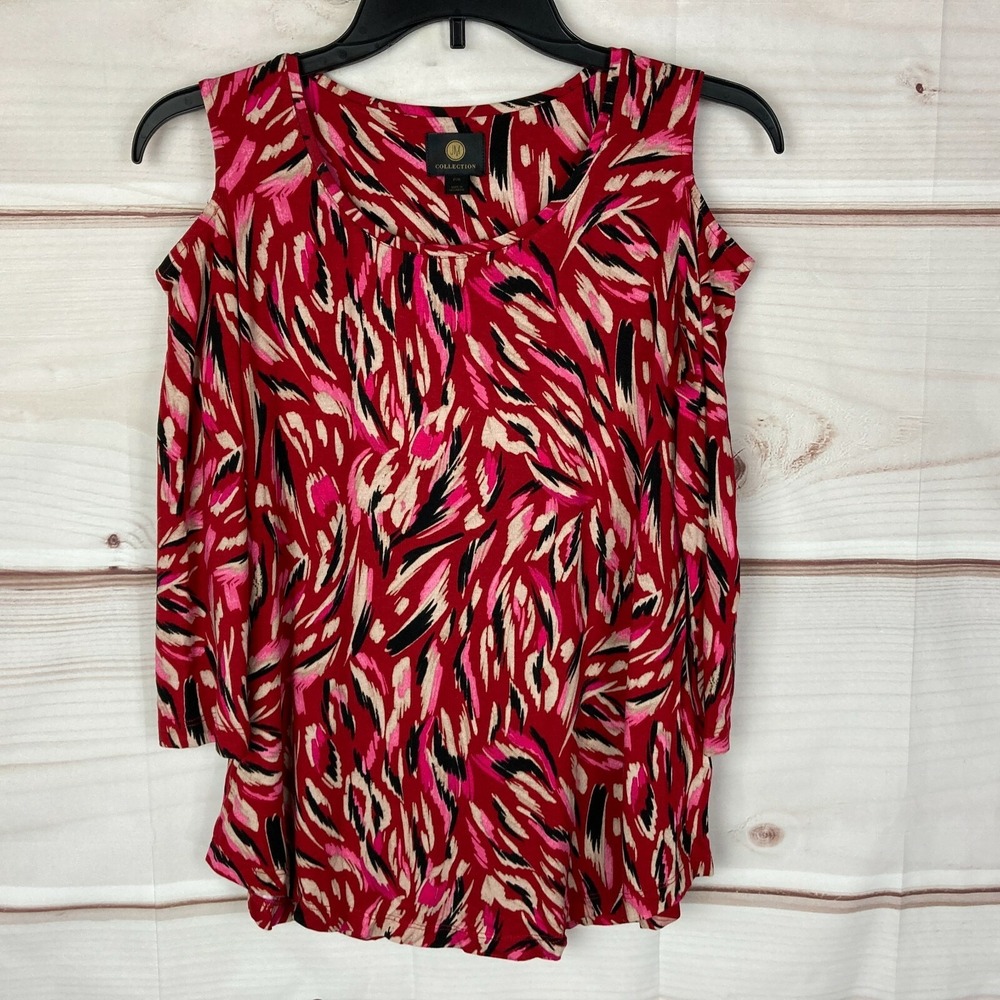 JM Collection Top Womens PS Red Printed Cold-Shoulder 3/4 Sleeve Scoop Neck Knit